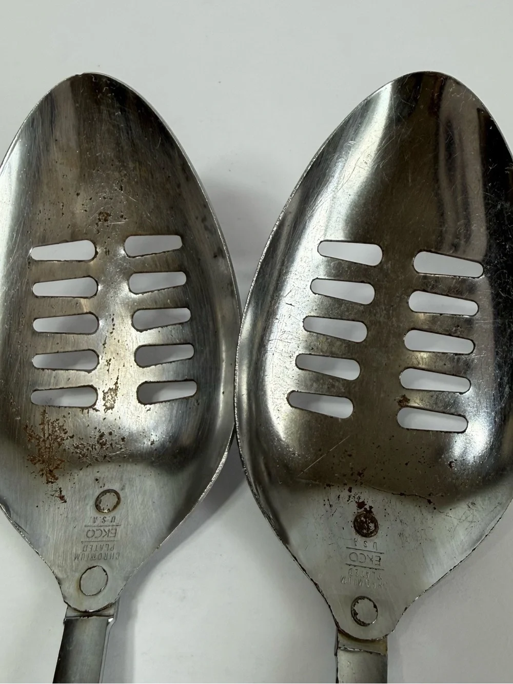 Vintage EKCO USA Slotted Spoons Set of 2 Chromium Plated White Handle